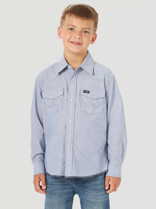 The Boy's Wrangler Cowboy Cut Western Blue Chambray Snap Shirt