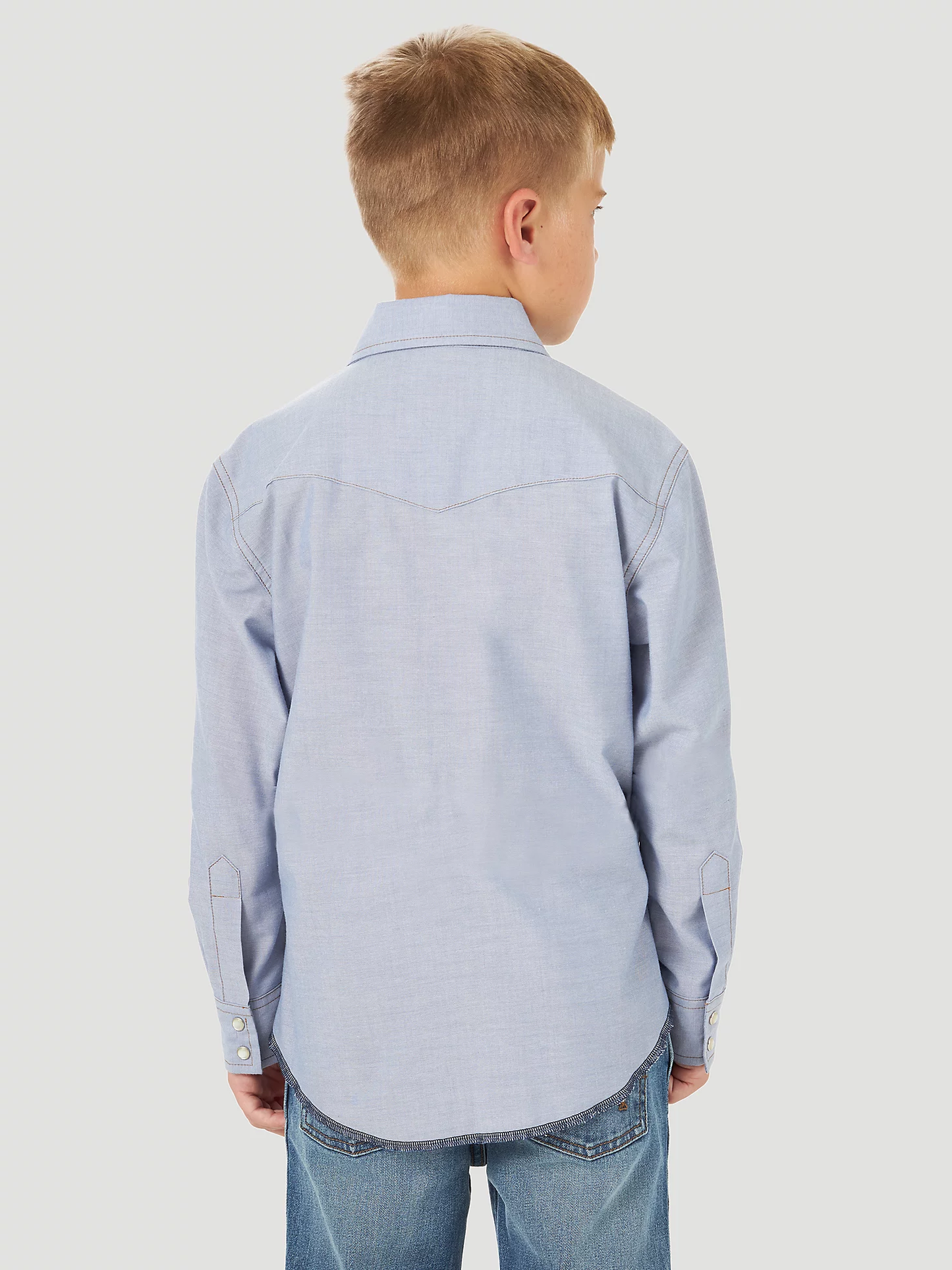 The Boy's Wrangler Cowboy Cut Western Blue Chambray Snap Shirt