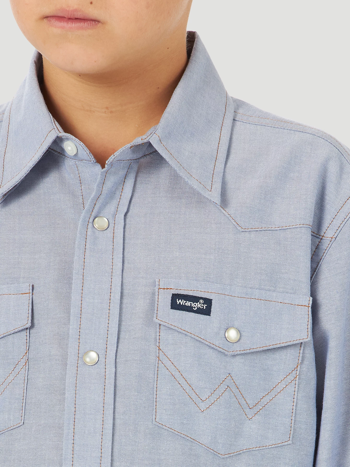 The Boy's Wrangler Cowboy Cut Western Blue Chambray Snap Shirt