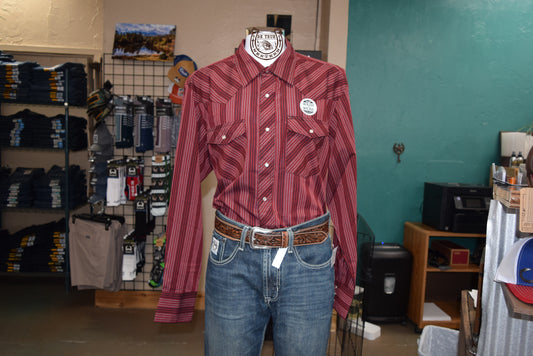 The Wrangler Burnt Red Stripe Pearl Snap Men's Button Up Shirt