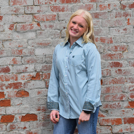 The Teal/Purple/Mint/White Striped Womens Cinch Button Down