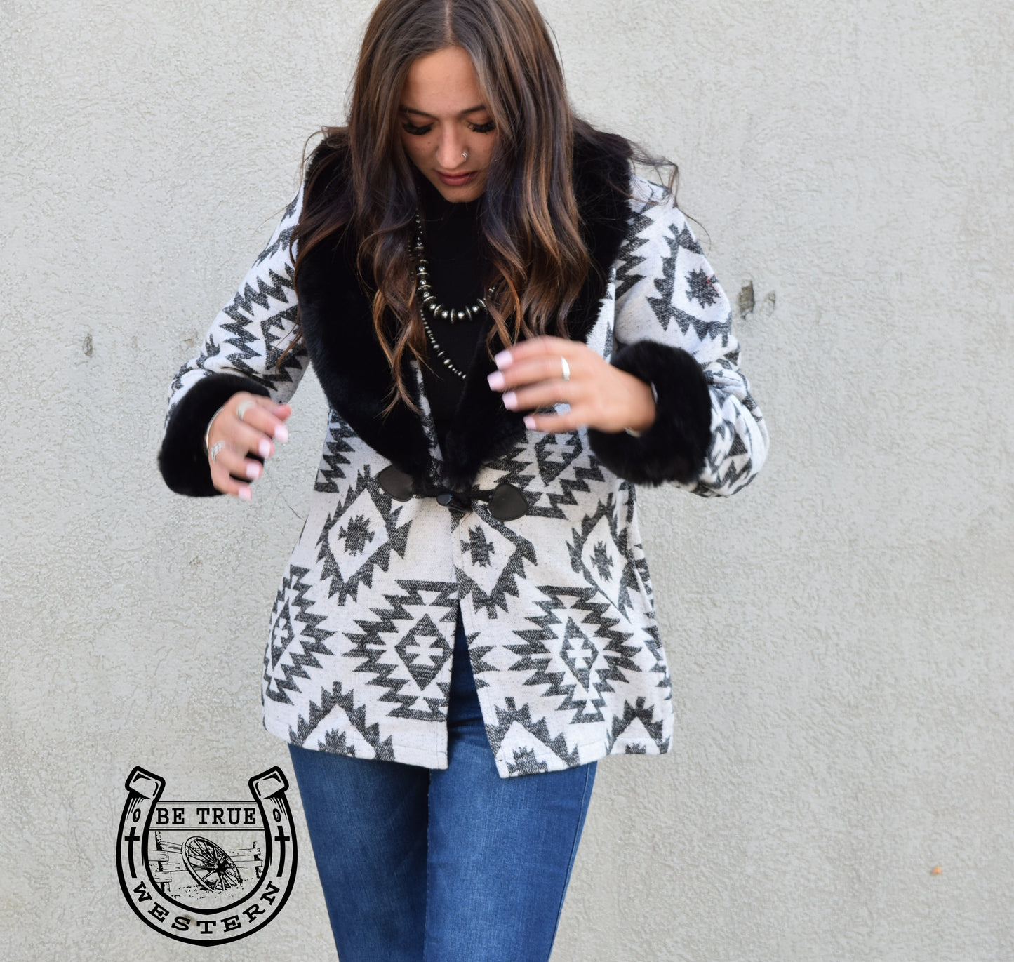 The Fort Worth Black and White Aztec Fur Coat