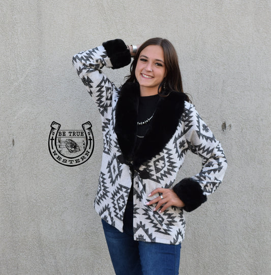 The Fort Worth Black and White Aztec Fur Coat