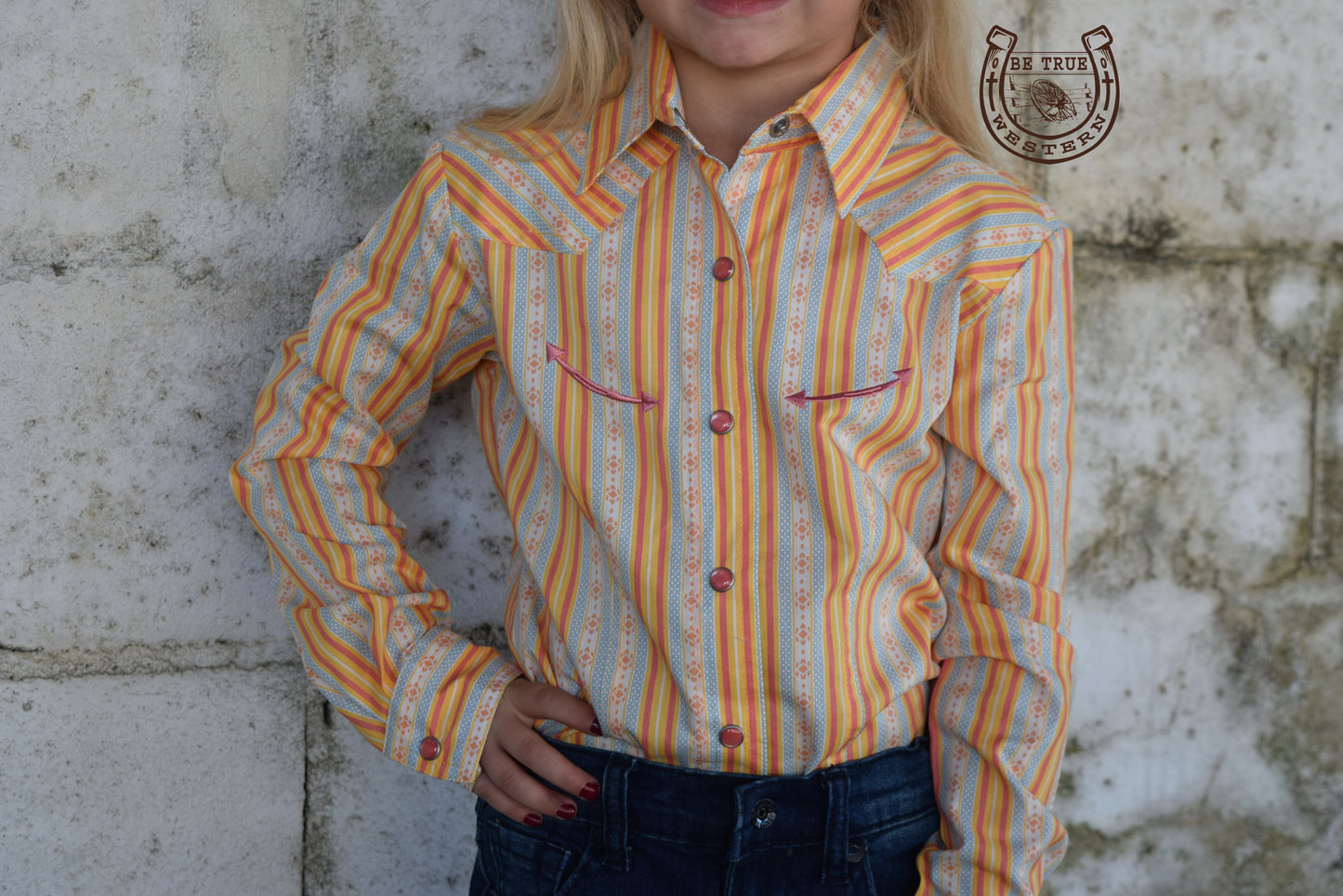Girls Striped Snap Western Shirt Orange/Baby Blue Long Sleeve