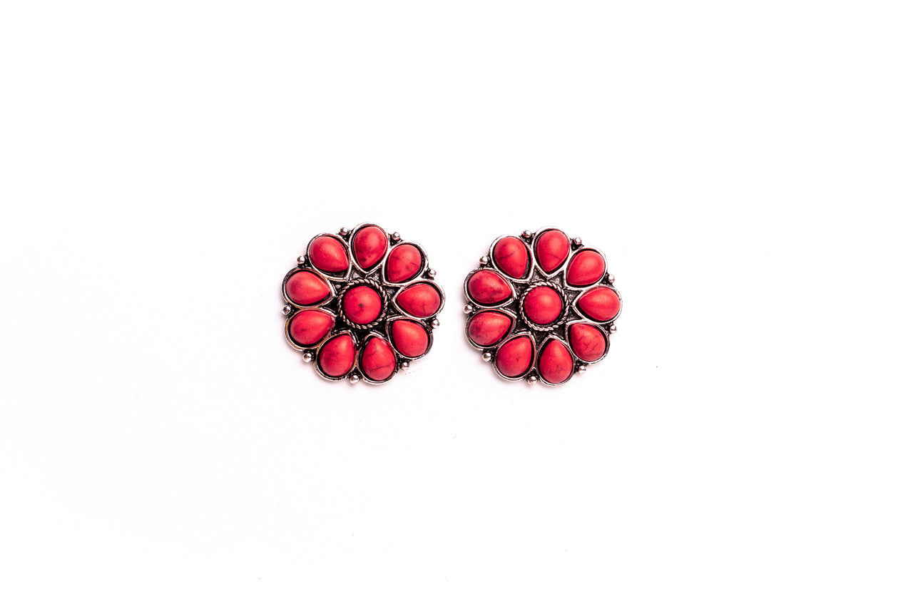 The Burnished Silver and Red Flower Stud Earring