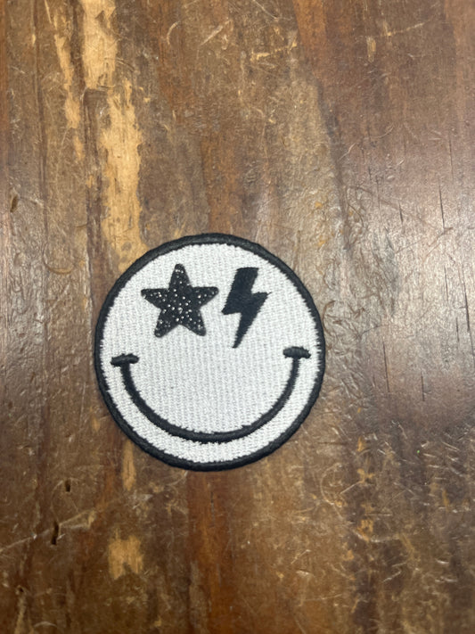 Black Glitter Star Bolt Smiley Face Patch