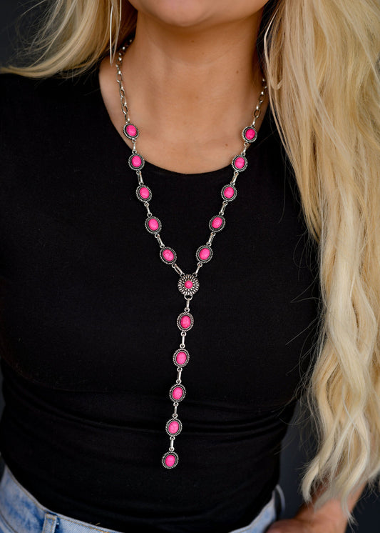 The Dainty Burnished Silver Oval Pink Concho Lariat Style Necklace