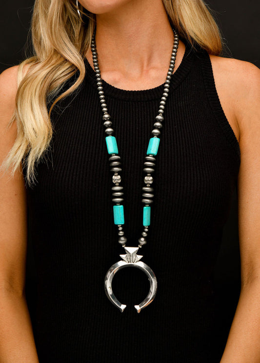 The Faux Navajo Pearl and Turquoise Necklace with Large Naja Pendant