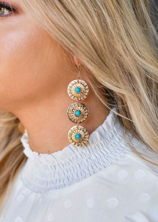 The Gold Three Tier Concho Earrings