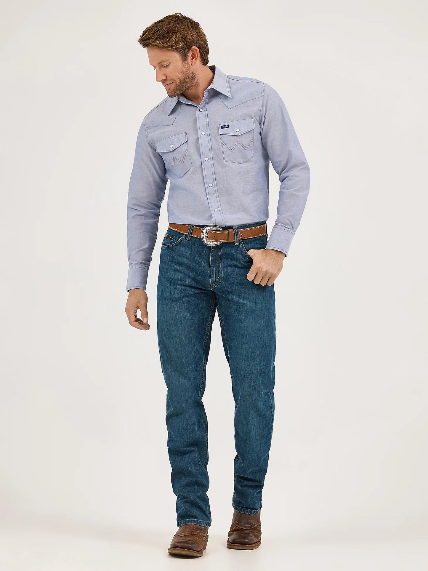 The Wrangler Cowboy Cut Western Rigid Chambray Button Down