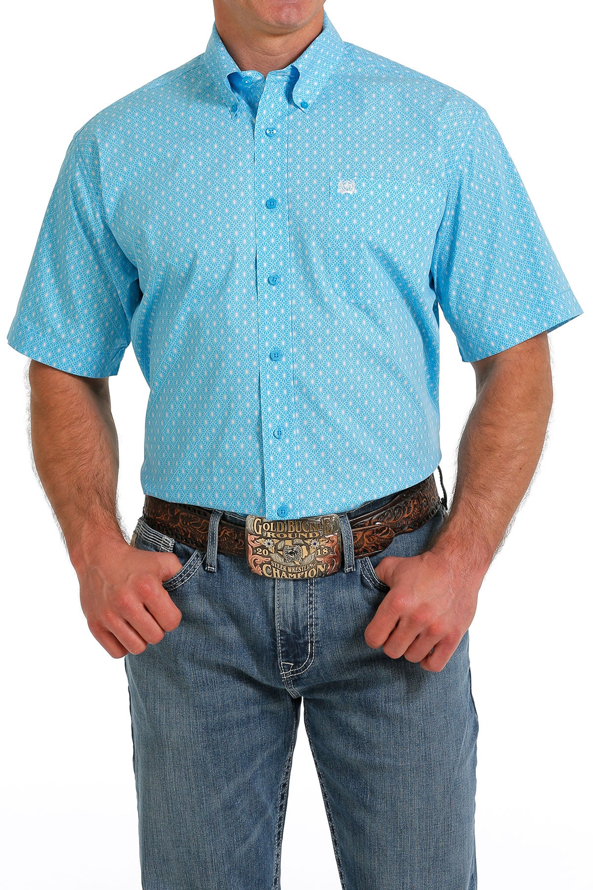 Cinch Short Sleeve Baby Blue Button Up