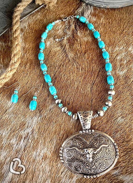 The Oakley Steer Turquoise Stone Necklace and Earring Set