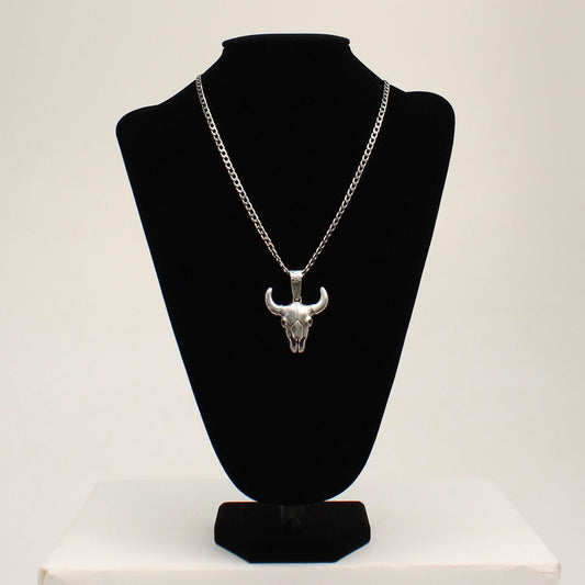 Men's Longhorn Bull Skull Head Silver Necklace