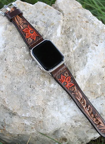 Leather Apple Watch Band Hand Carved Floral Design/Orange Flower