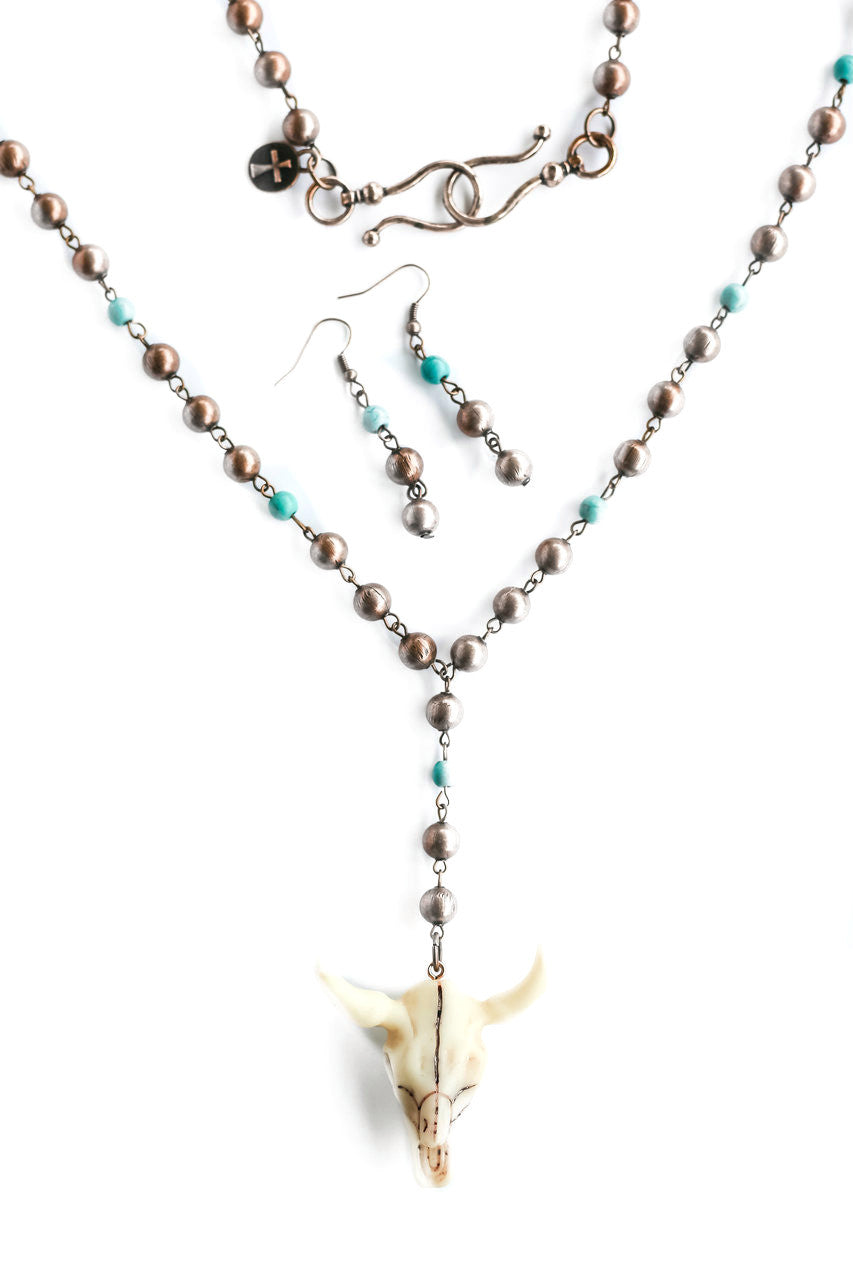 The Worn Cooper Beaded Necklace with Cow Skull