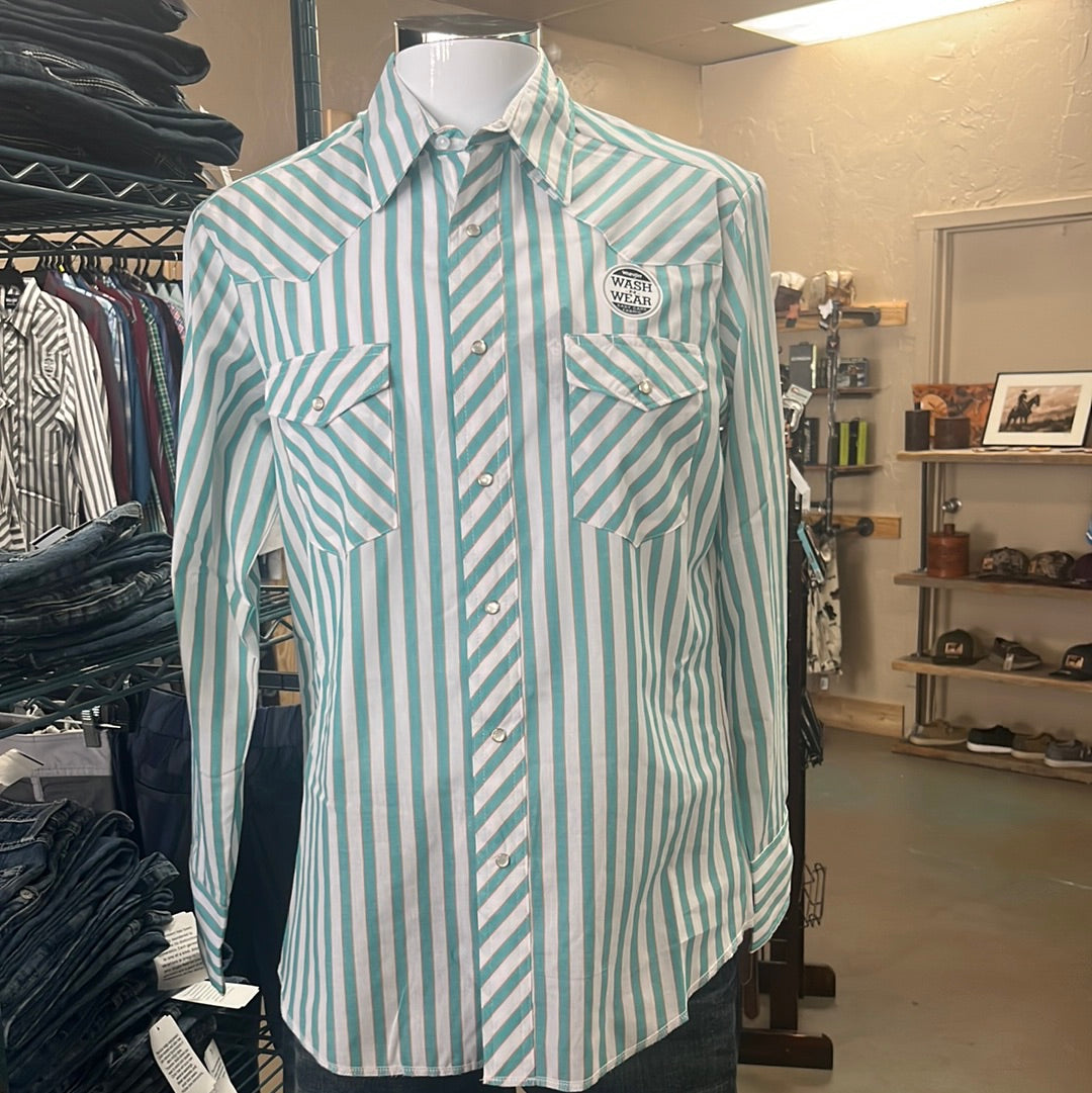 Mens Teal and White Striped Wrangler Button Up Shirt
