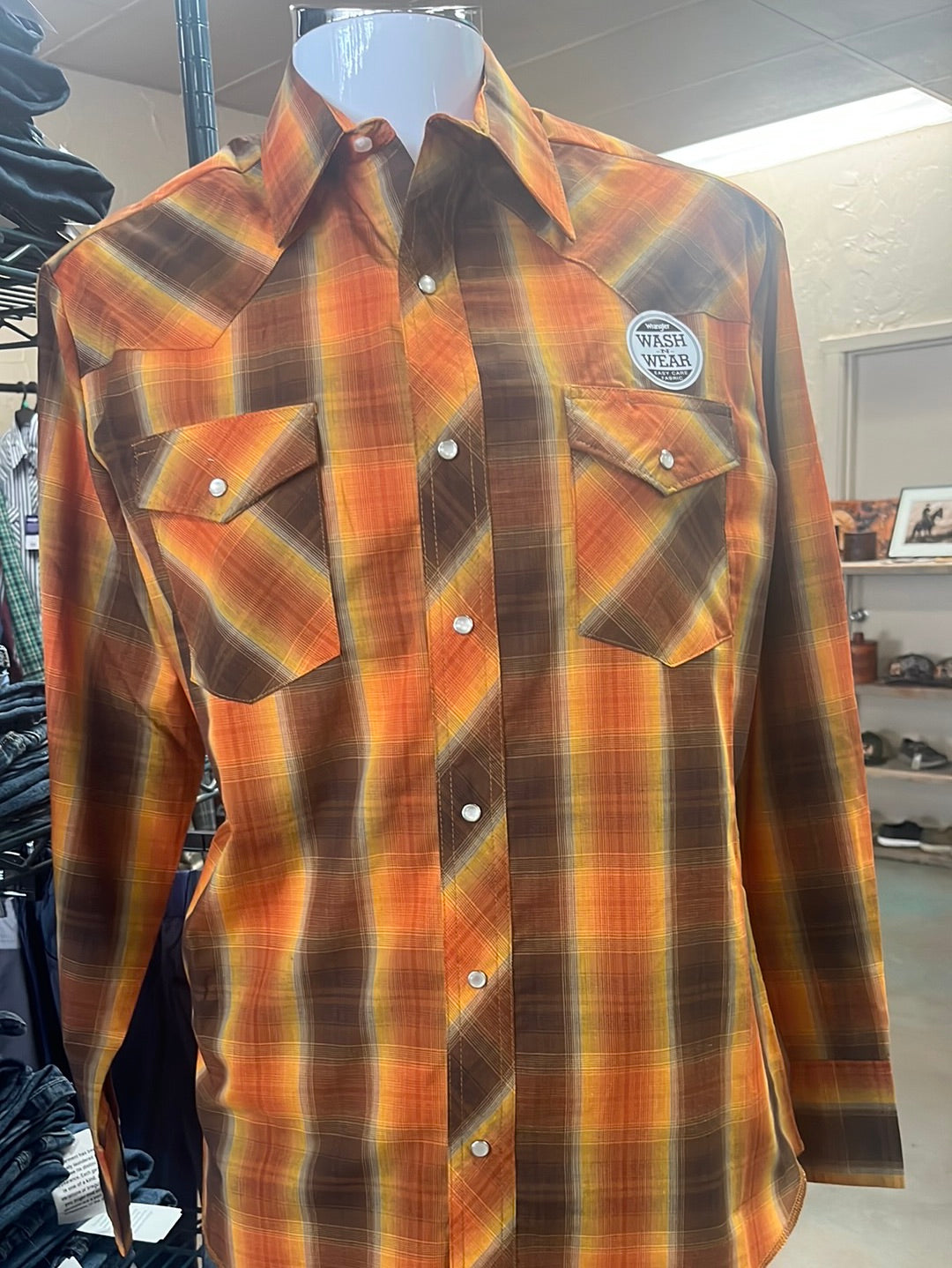 Mens Orange and Brown Wrangler Button Up Shirt