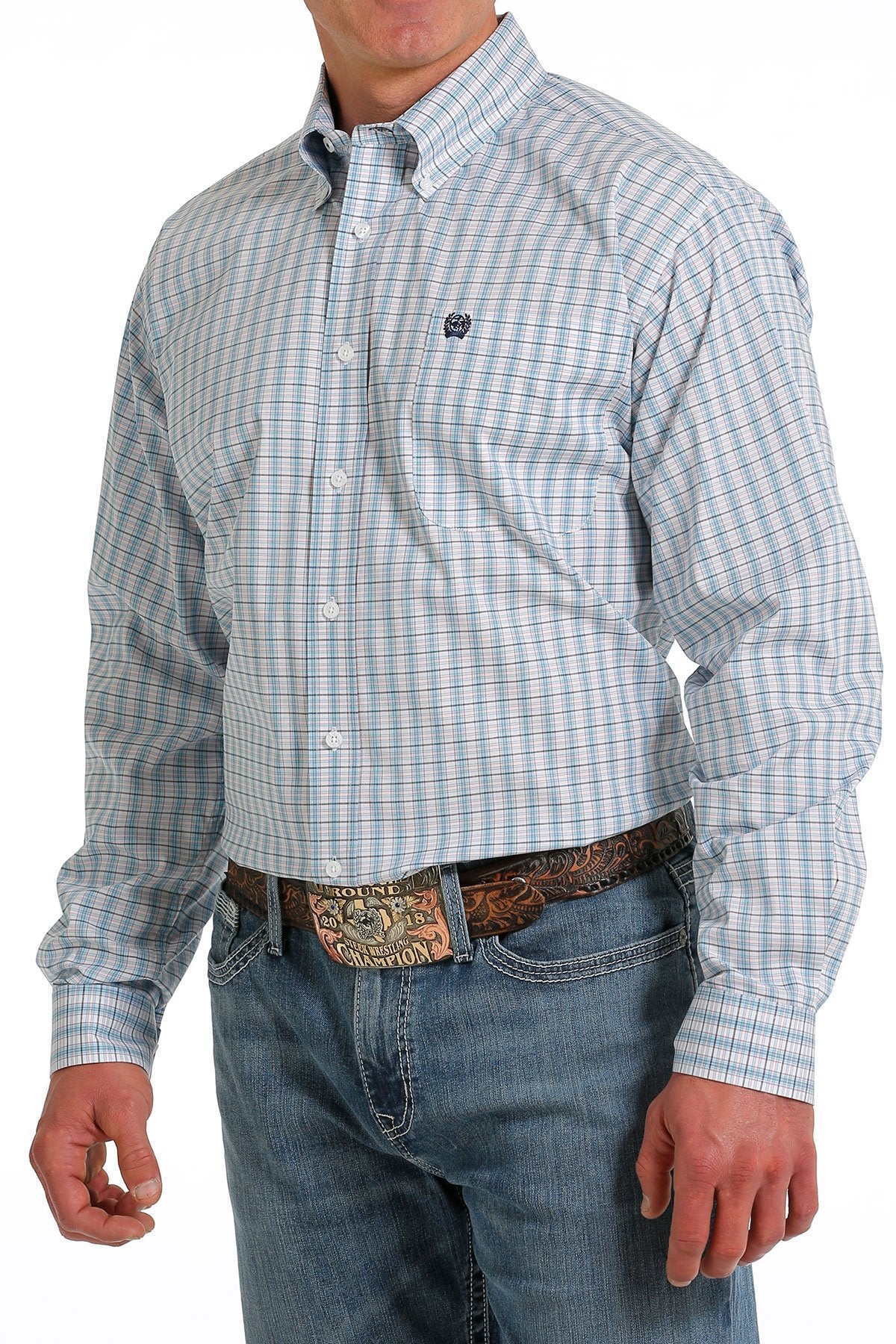 Men's Cinch Stretch Plaid White/Turquoise/Red Button Down Shirt