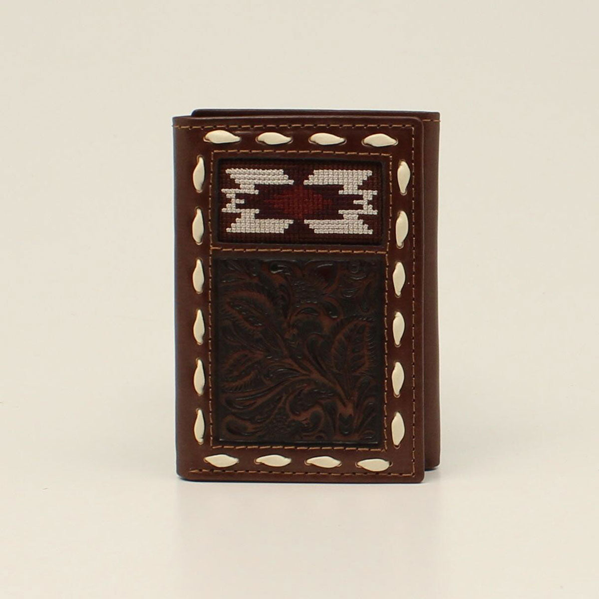 The Tri-Fold Brown Tooled Southwestern Buck Lacing Wallet