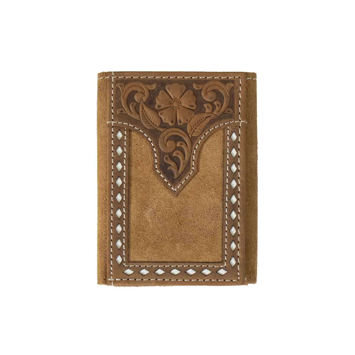 The Tri-Fold Floral Embossed White Buck Lacing Wallet