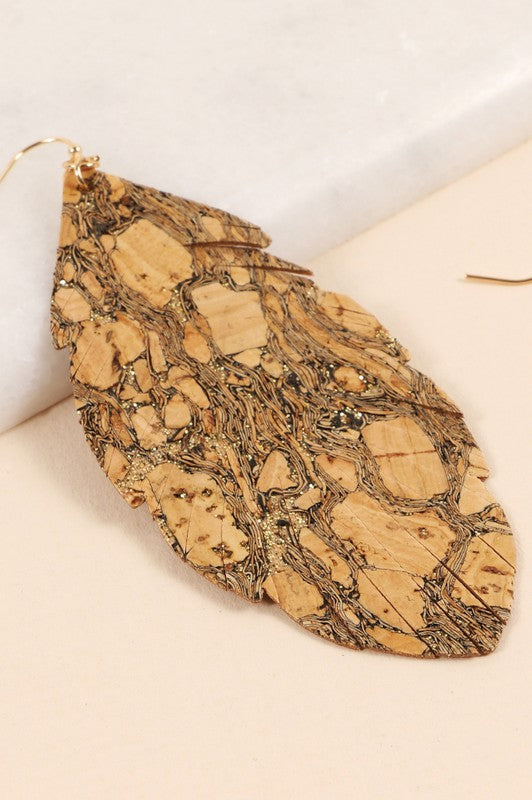 Granite Leaf Cork Dangling Earrings