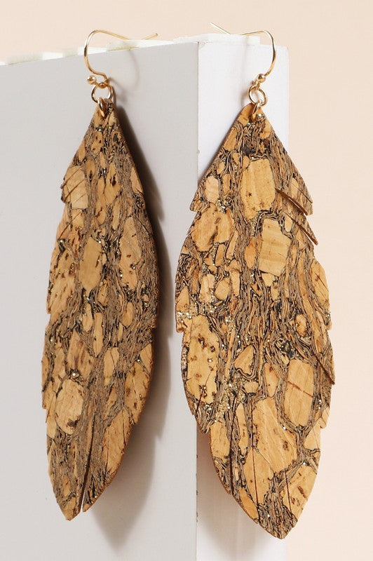 Granite Leaf Cork Dangling Earrings