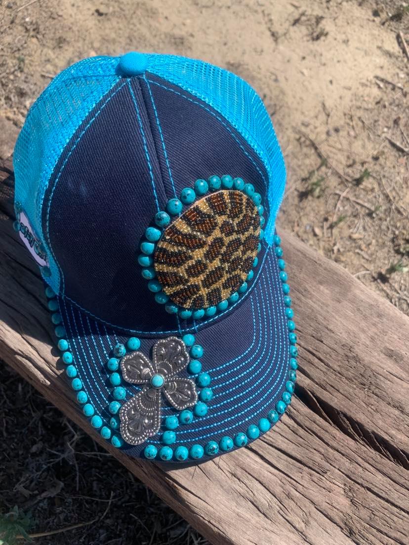 Safari Girl Blue and Turquoise Leopard Big Cross Cap
