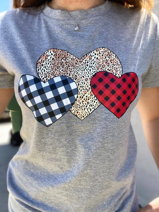 Valentine's Day Grey Plaid/Leopard Heart Tee