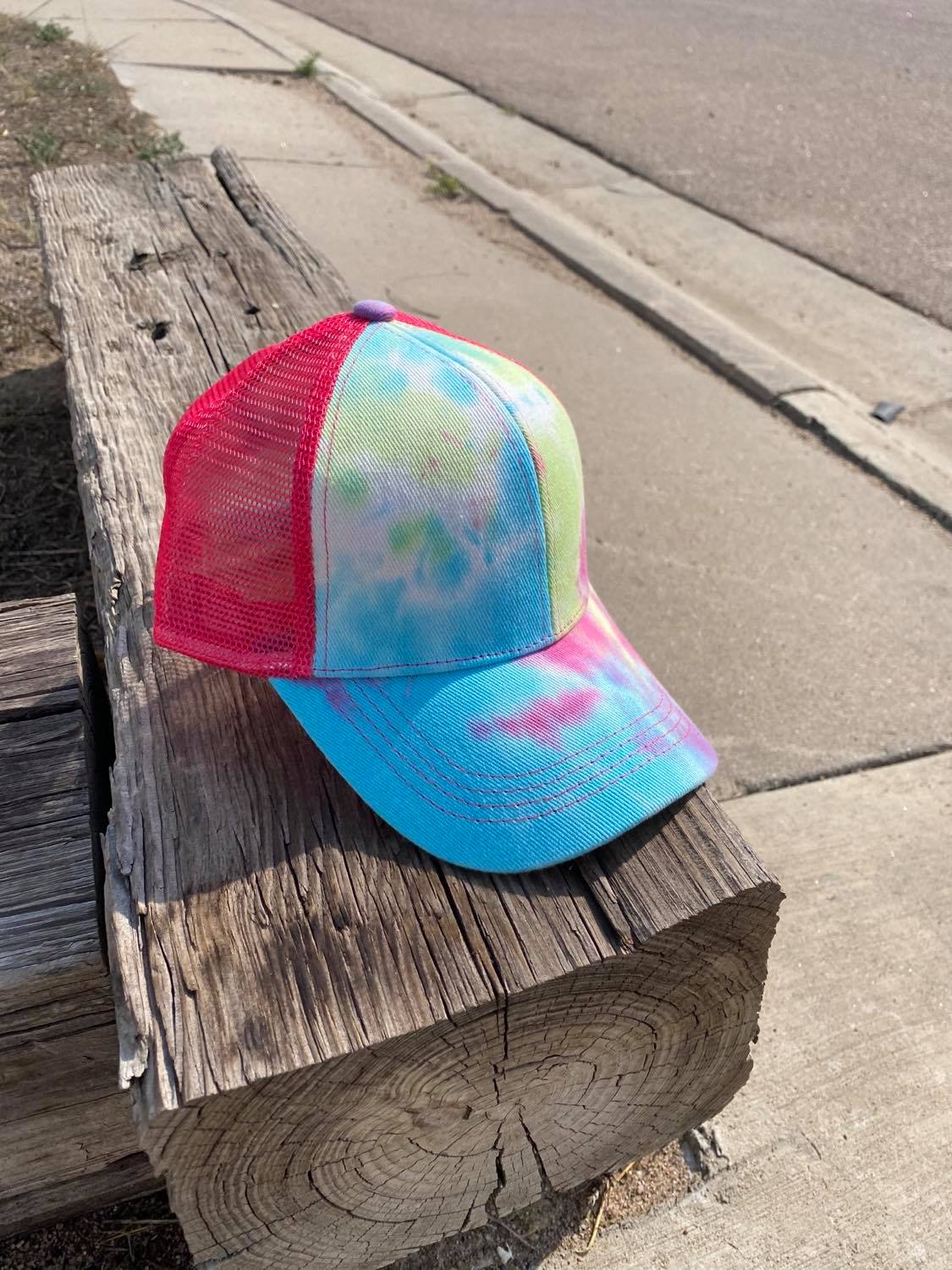 Blue, Green, and Pink Tie Dye Ball Cap Hat