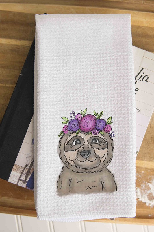 Sloth Floral Waffle Weave Hand/Tea Towel