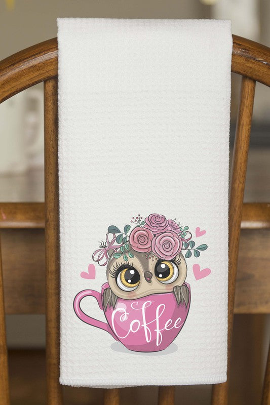 Owl Coffee Cup Waffle Weave Hand/Tea Towel
