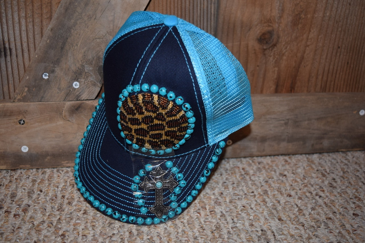 BLUE AND TURQUOISE LEOPARD CROSS CAP by Safari Girl