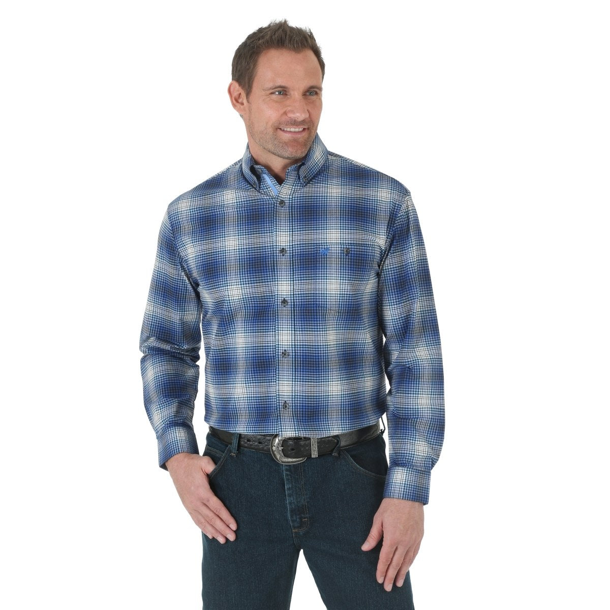 WRANGLER ADVANCED COMFORT BLUE AND BLACK PLAID WESTERN SHIRT