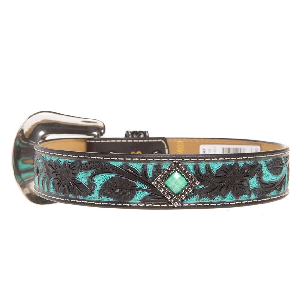 Girls Brown Floral Belt with Painted Turquoise Inlay