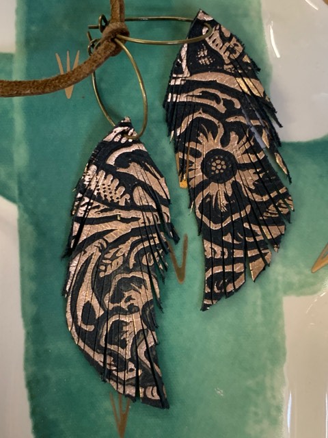 Genuine Leather Feather Earrings-Gold & Black