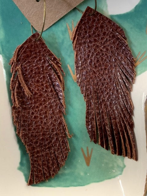 Genuine Leather Feather Earrings-Mahogany