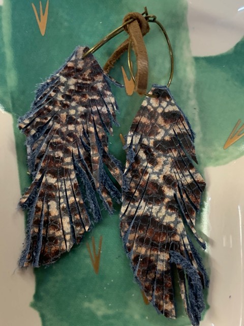 Genuine Leather Feather Earrings-Blue Leopard