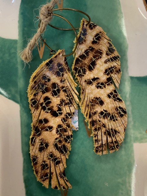 Genuine Leather Feather Earrings-Mustard Leopard