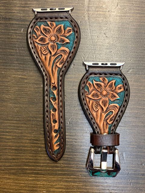 Leather Tear Drop Turquoise Background Flower Apple Watch Band