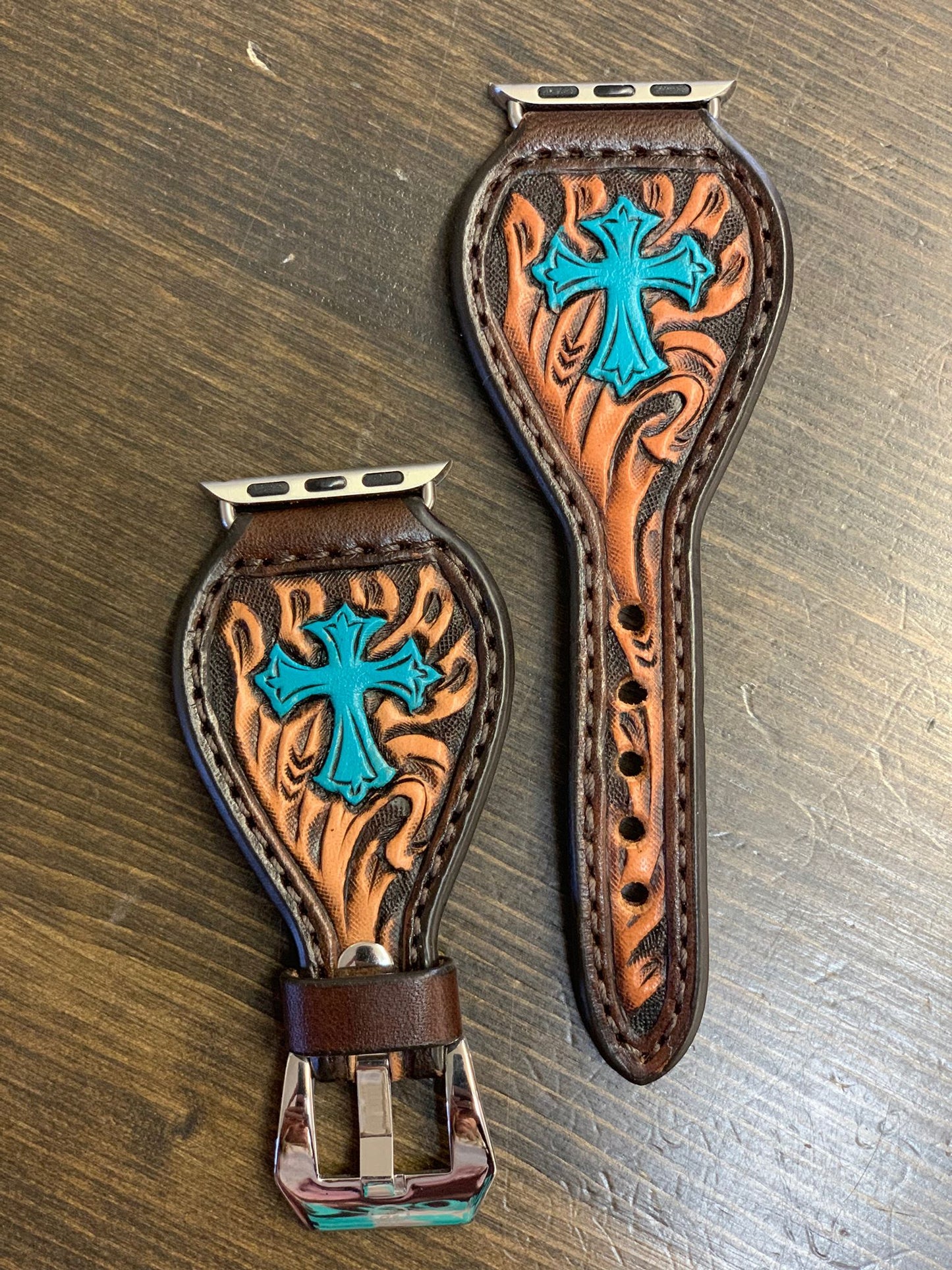 Leather Tear Drop Brown Background Turquoise Cross Apple Watch Band