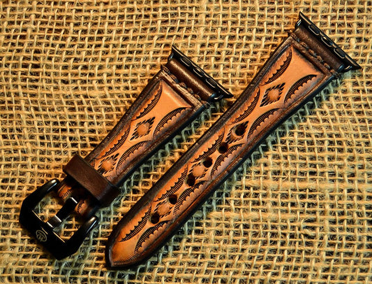 Leather Tapered Hand Stamped Aztec Design Apple Watch Band
