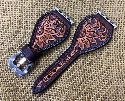 Leather Tear Drop Brown Background and Natural Sunflower Apple Watch Band
