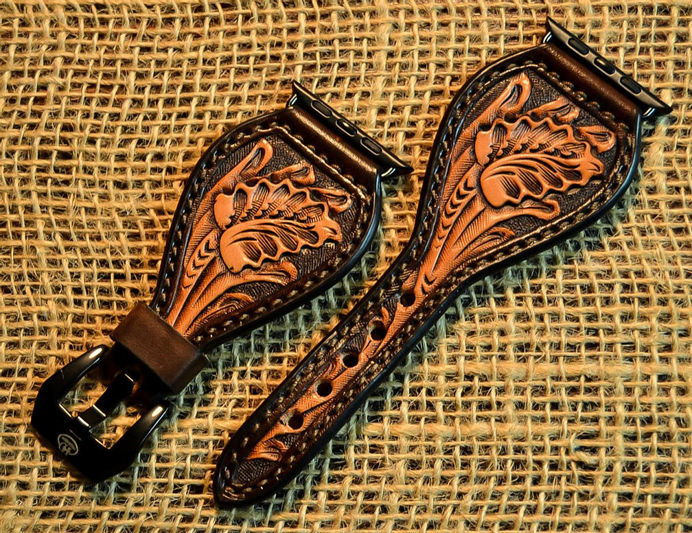 Leather Tear Drop Brown Background Carved Leaf Apple Watch Band