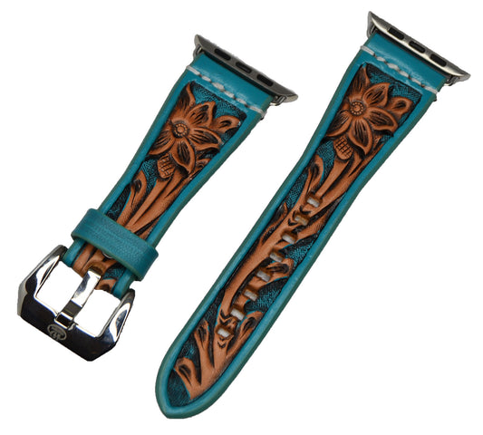 Leather Tapered Turquoise Background Floral Apple Watch Band