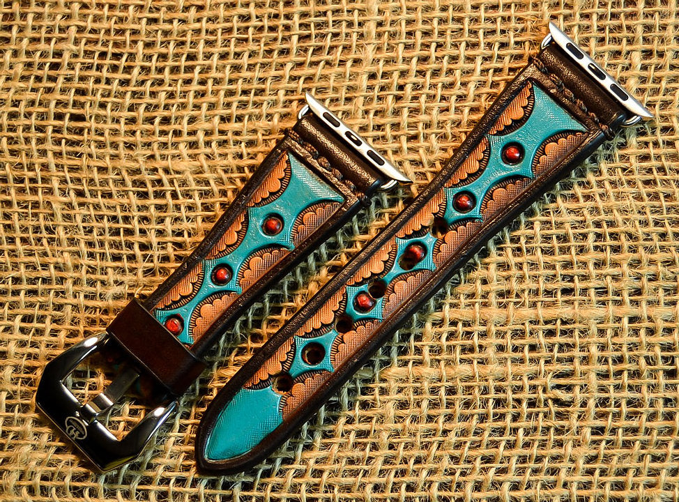 Leather Tapered Turquoise Diamond Apple Watch Band