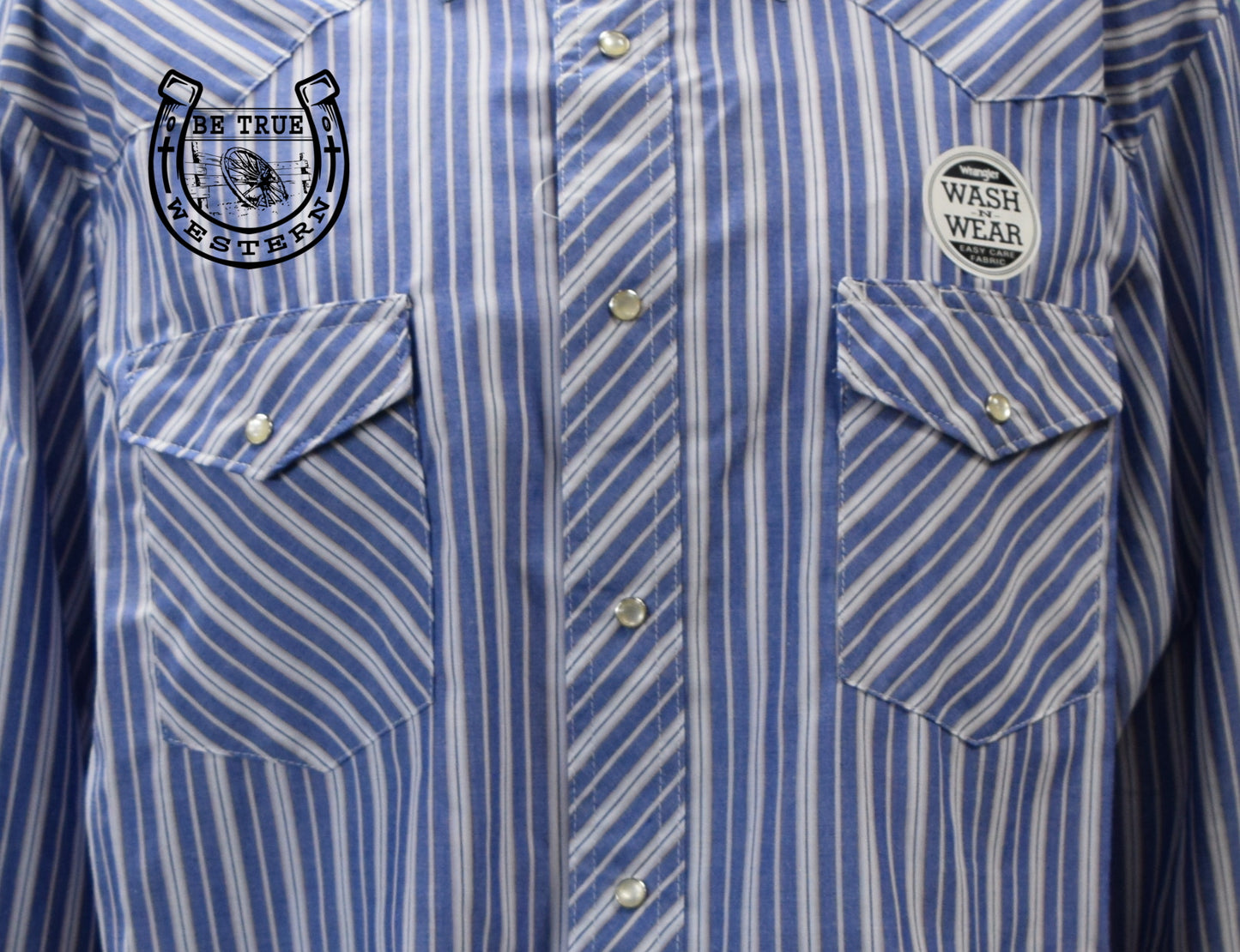Mens Blue and White Striped Pearl Snap Button up