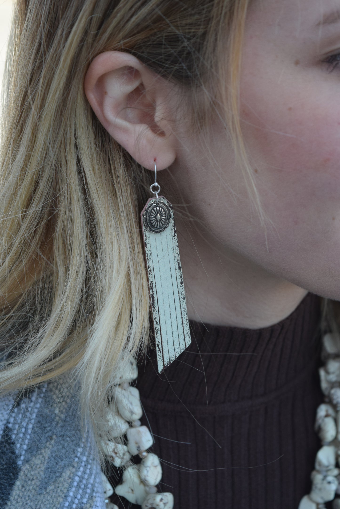 White Distress Leather Concho Earrings