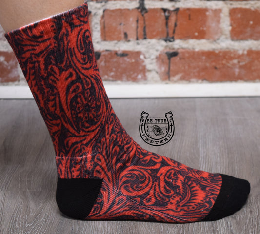 The High Steppin Red Tooled Socks