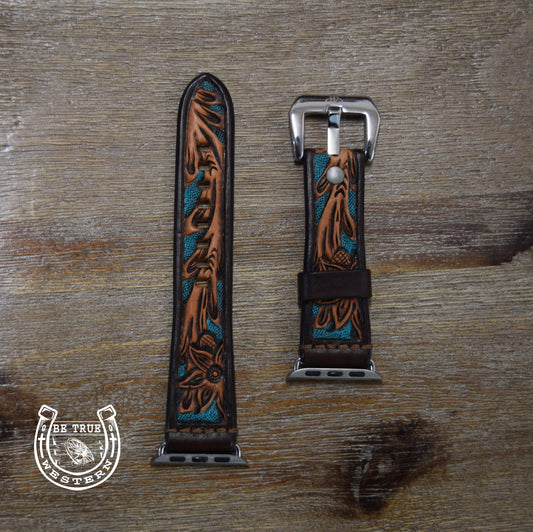 Leather Tapered Dark Turquoise Background Floral Apple Watch Band
