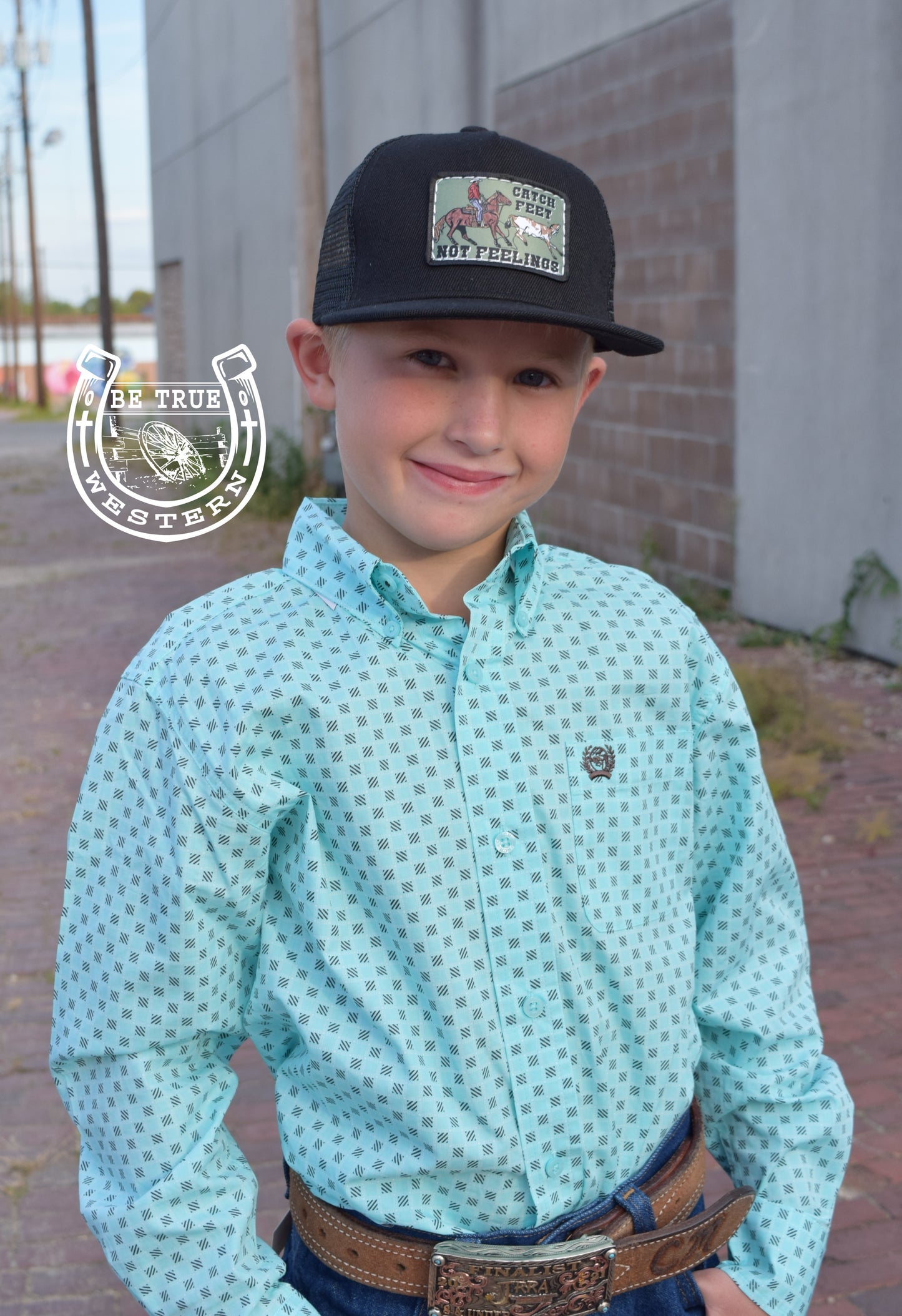 Boys Turquoise Cinch Button Up Shirt